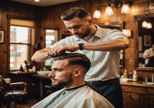 Barber performing a classic men's haircut with scissors